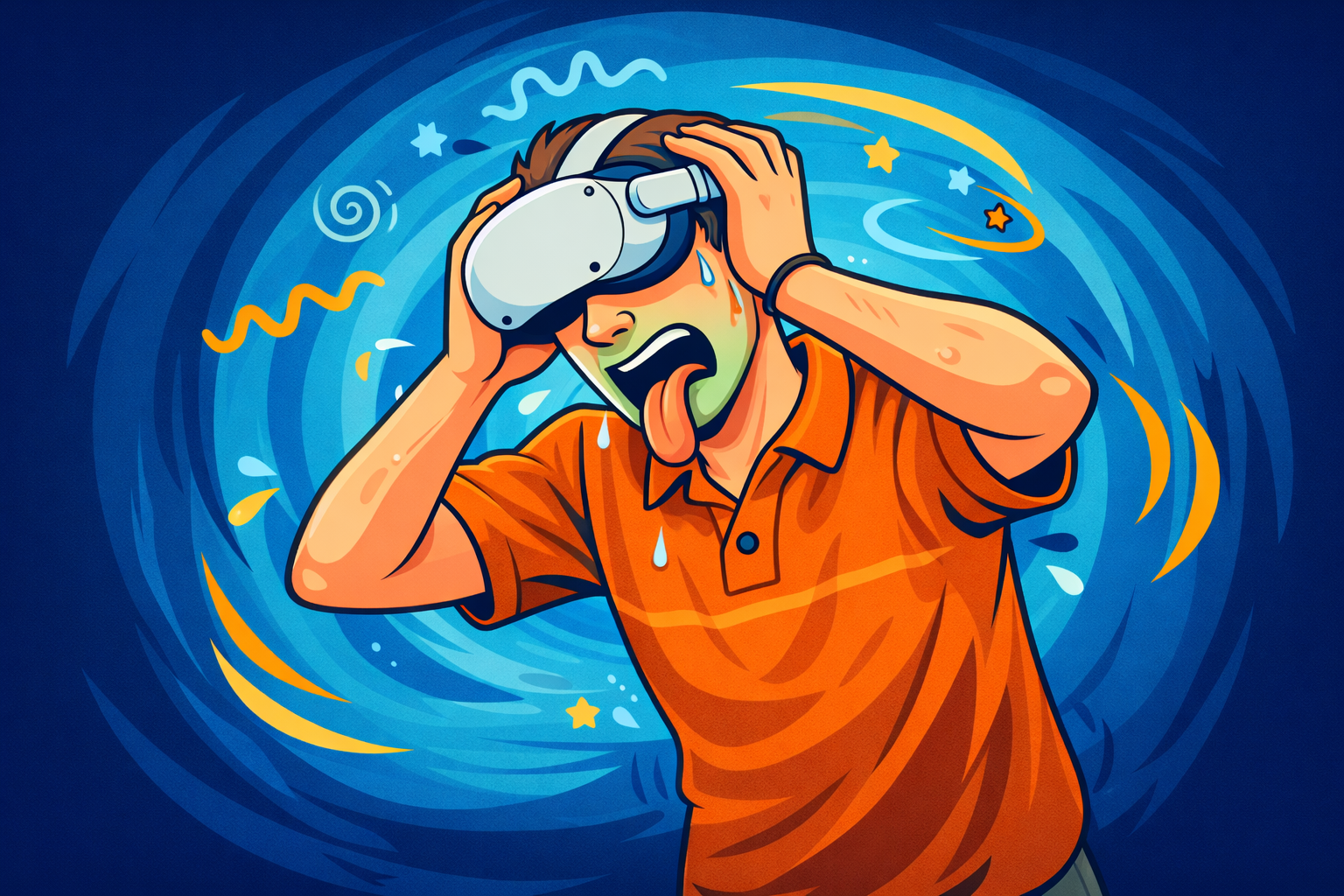A guy in orange shirt showing motion sickness in VR