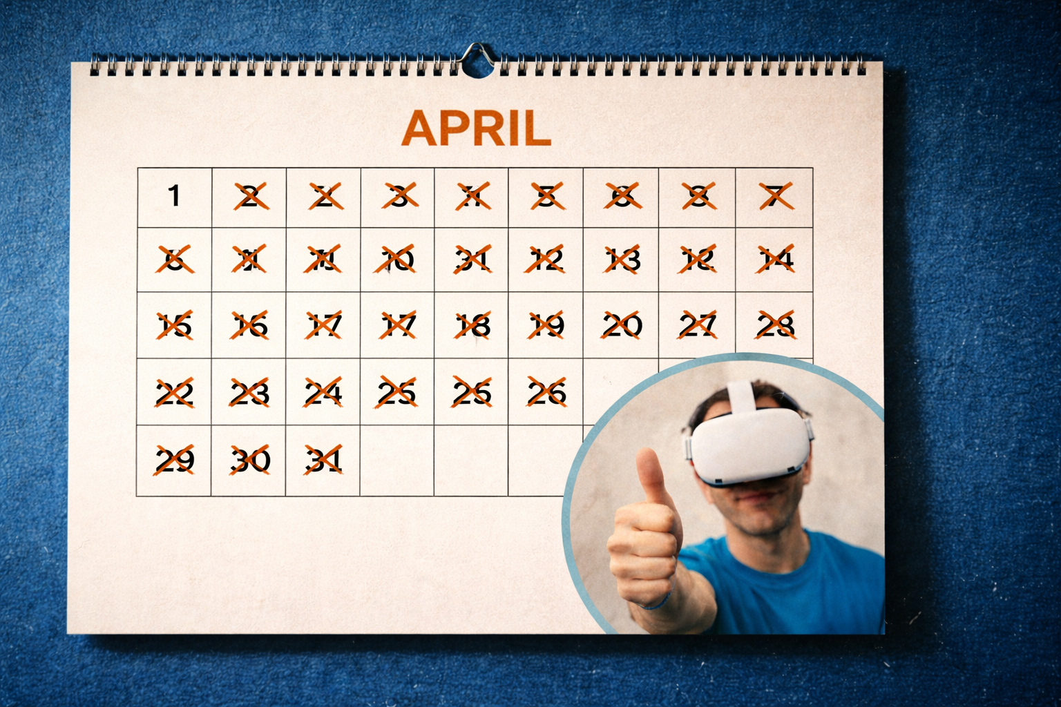 VR boxing. Calendar that show 1 to 30 days, the amount of time for this test.
